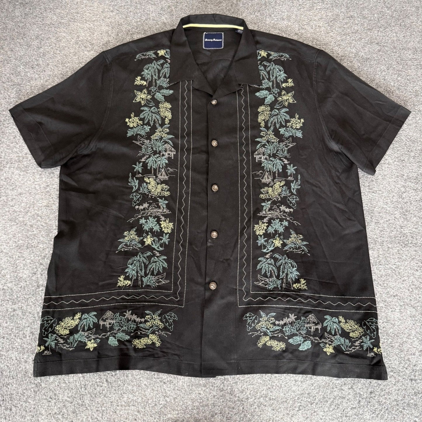 Tommy Bahama Mens XXL Black Silk Tropical Embroidered Camp Shirt Short Sleeve