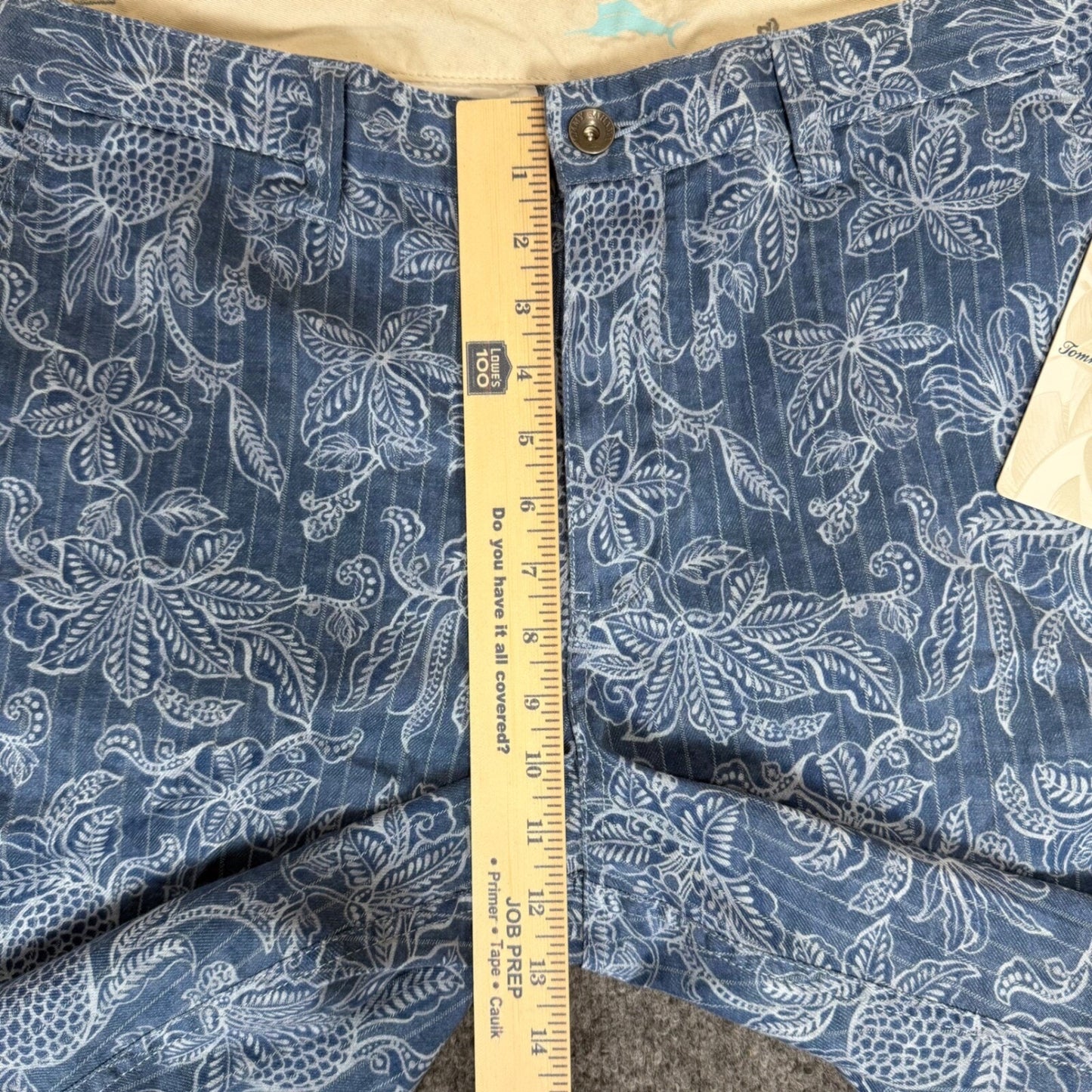Tommy Bahama Shorts Blue Floral AOP Striped Mens 36 Linen Blend Flat Front Csual