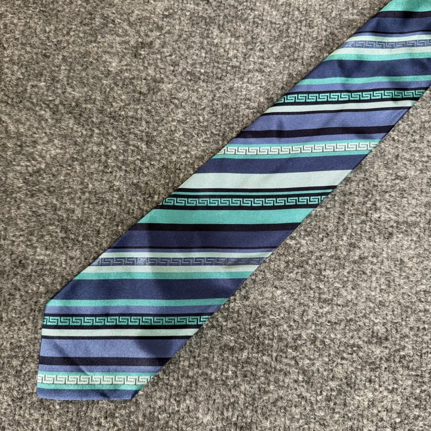 Versace Silk Tie Men Blue Green Greek Key Stripe Made in Italy Luxury Designer