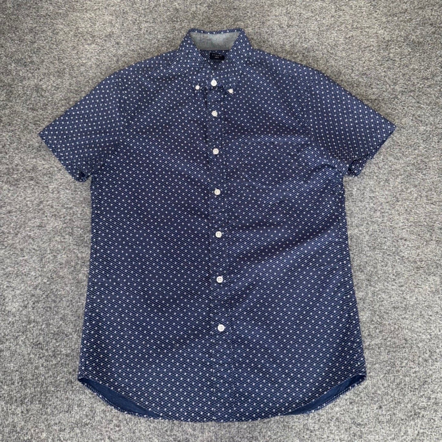 J.Crew Mens Navy Blue Geometric Diamond Print Cotton Short Sleeve Shirt Small