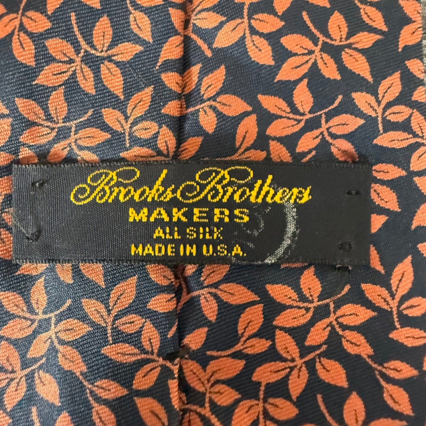 Brooks Brothers Makers Mens Silk Tie Navy Blue Orange Leaf Pattern Made in USA