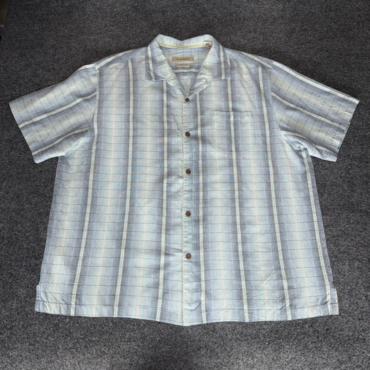 Tommy Bahama Mens 3XL Silk Blend Shirt Blue Plaid Short Sleeve Hawaiian Resort