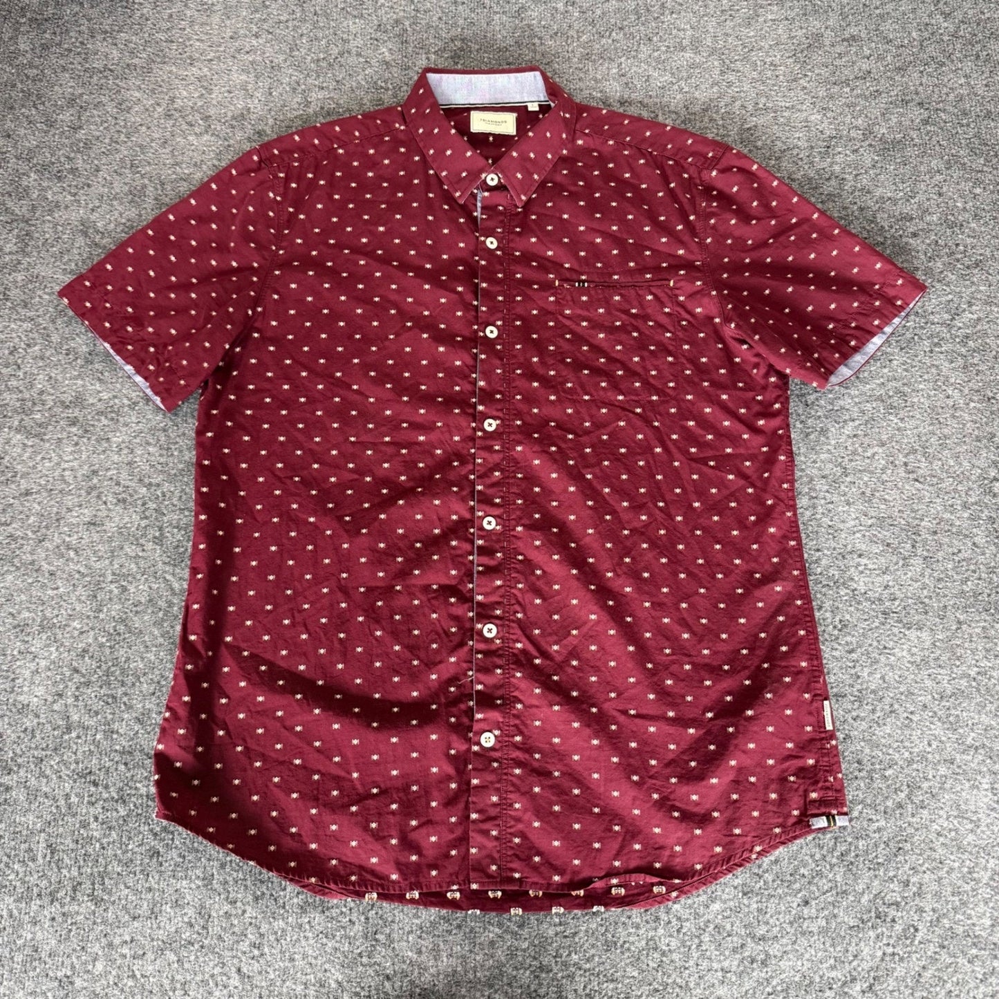 7 Diamonds Mens Large Short Sleeve Button Up Shirt Maroon Geometric Print Cotton