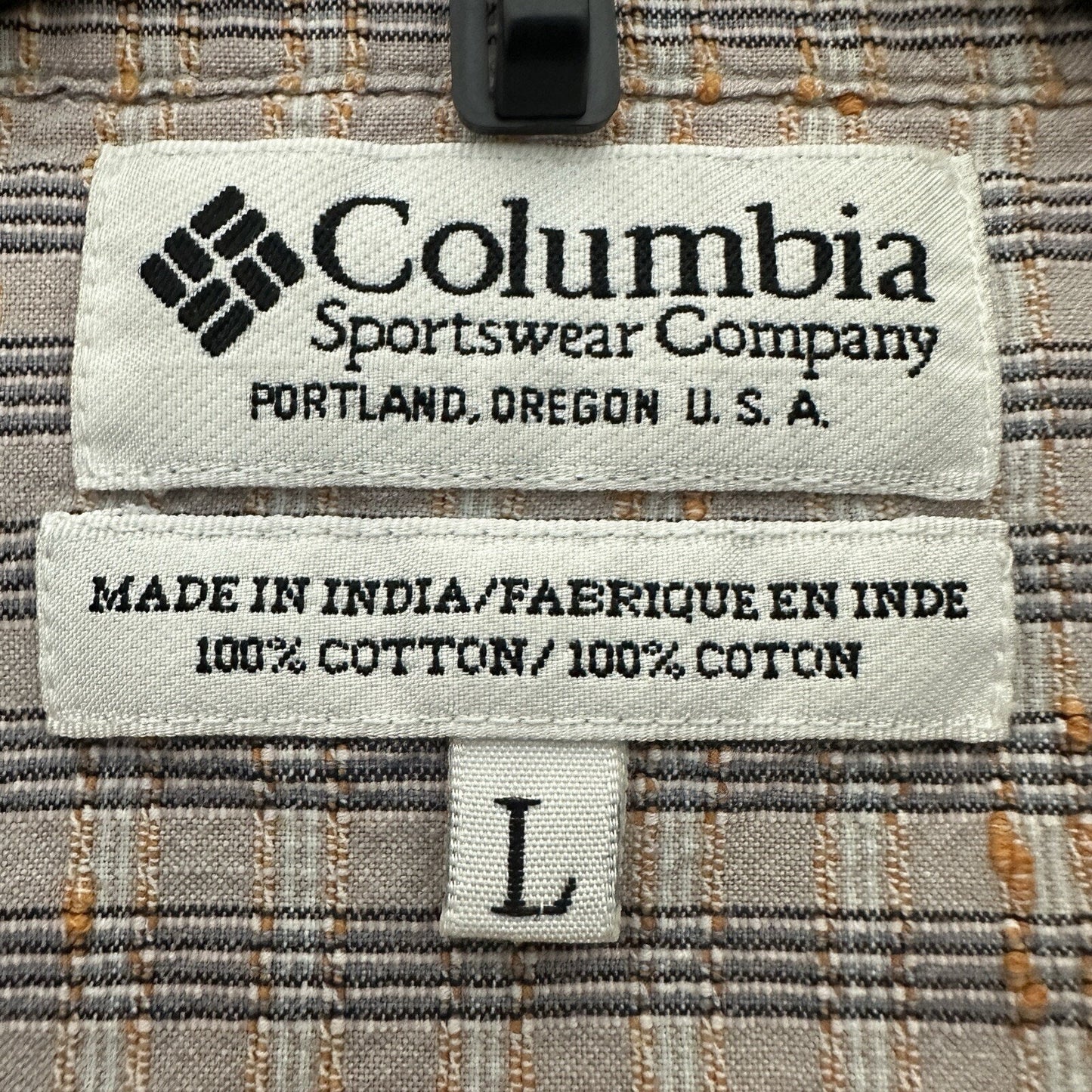 Columbia Shirt Mens Large Tan Plaid Short Sleeve Button Up Pocket Seersucker
