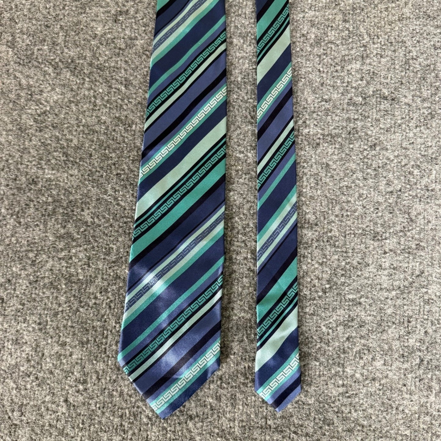 Versace Silk Tie Men Blue Green Greek Key Stripe Made in Italy Luxury Designer