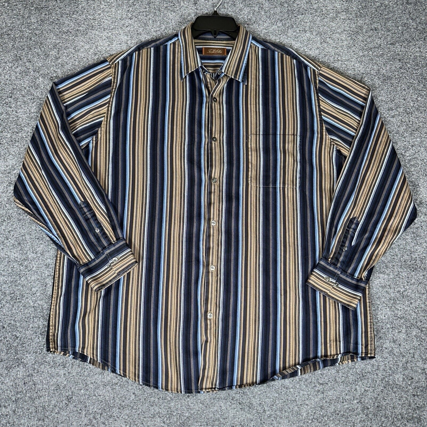 Tasso Elba Shirt Mens 2XL Brown Blue Striped Button Up Long Sleeve Cotton Pocket