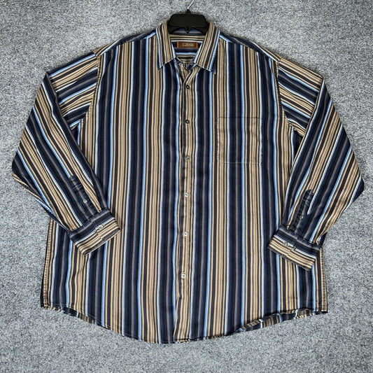 Tasso Elba Shirt Mens 2XL Brown Blue Striped Button Up Long Sleeve Cotton Pocket