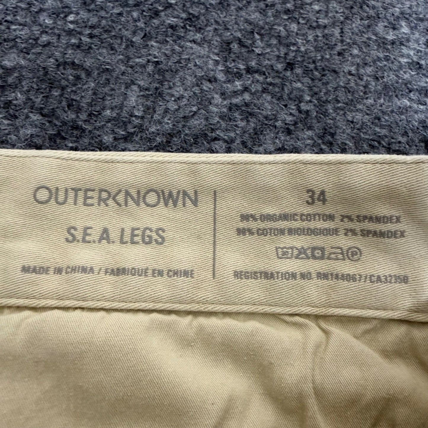 Outerknown SEA Legs Mens Chino Pants 34x30 Khaki Tan Slim Fit Everyday Casual