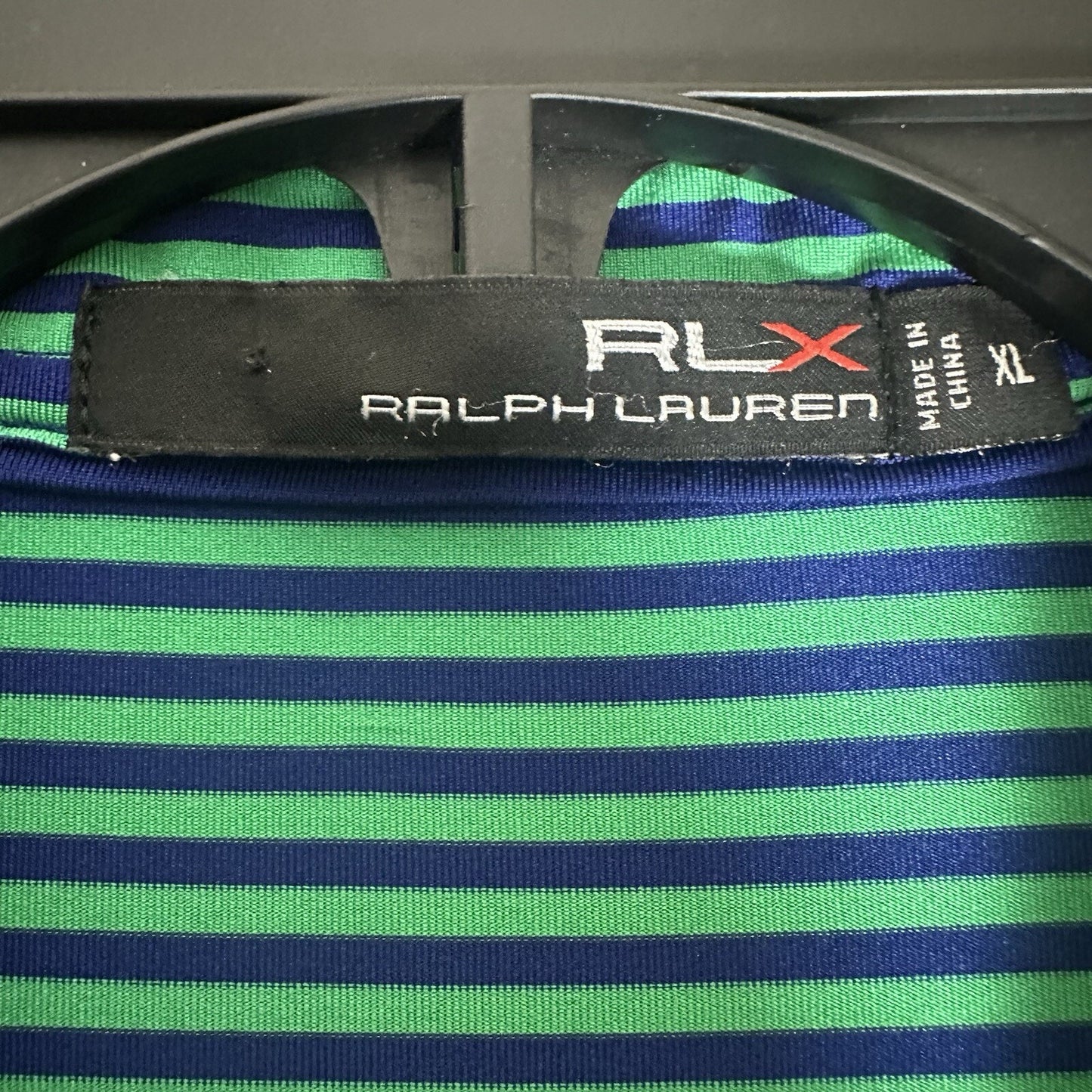 RLX Ralph Lauren Polo Shirt Mens XL Green Blue Striped Golf Short Sleeve Stretch