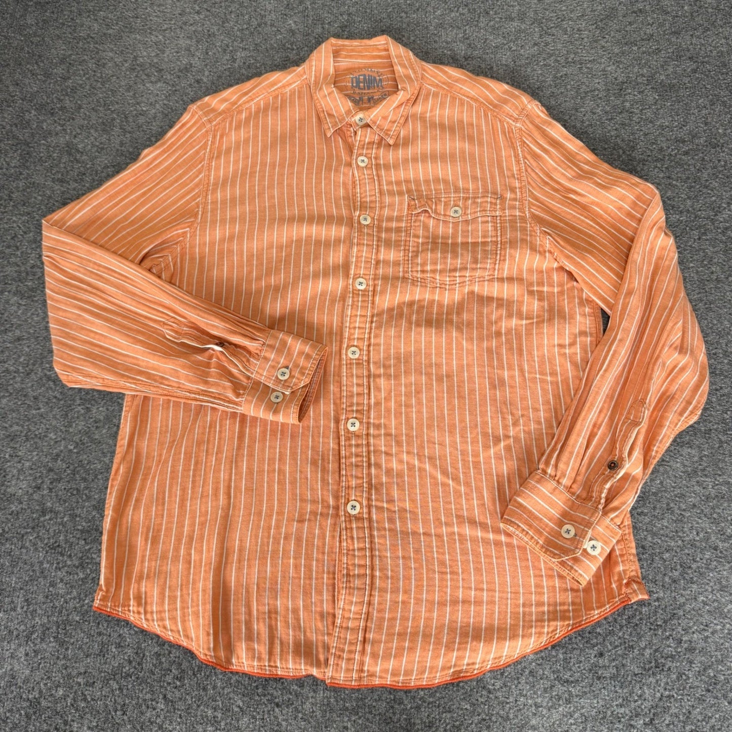 Tommy Bahama Denim Mens Orange White Striped Cotton Button Up Shirt Medium
