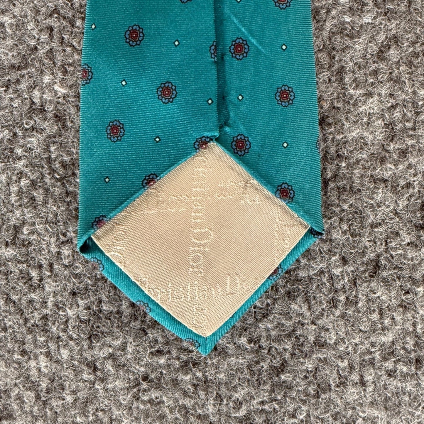 Christian Dior Mens Silk Tie Teal Green Floral Medallion Woven Italy Office