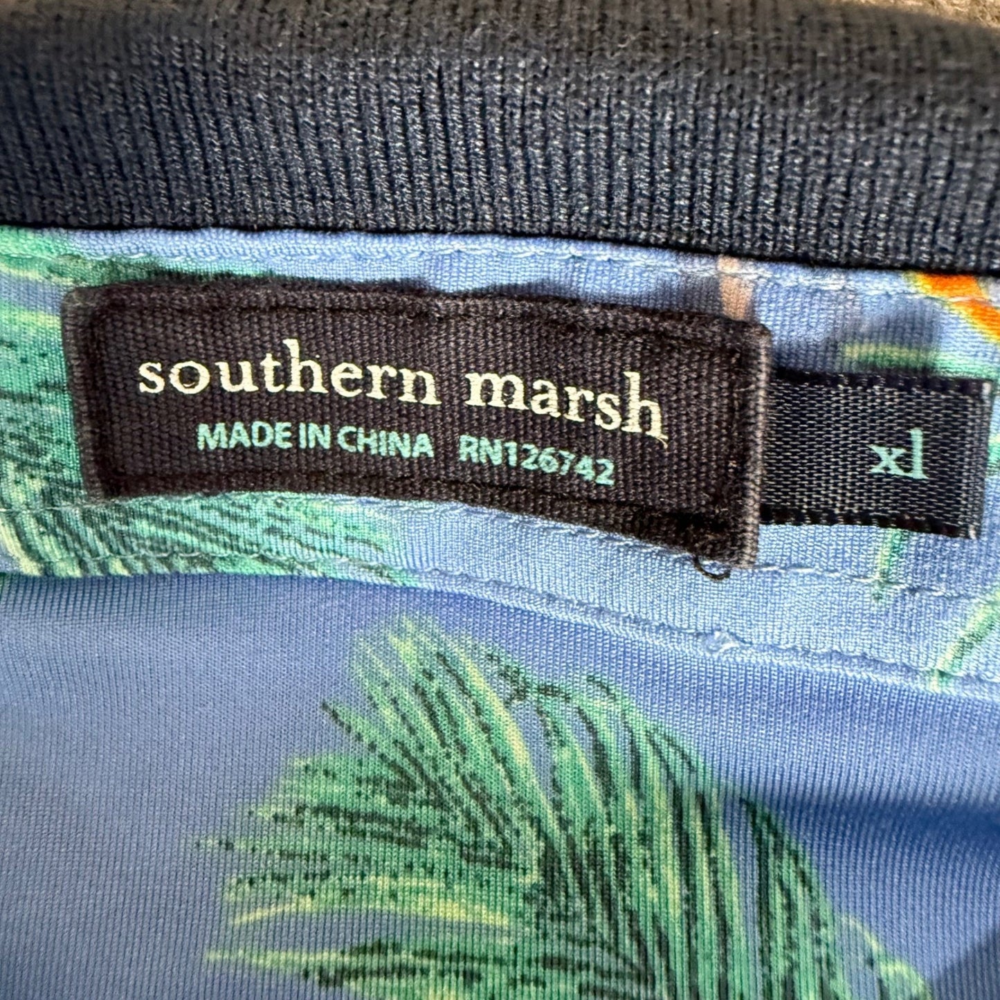 Southern Marsh Mens XL Tropical Bird of Paradise Performance Polo Shirt Blue