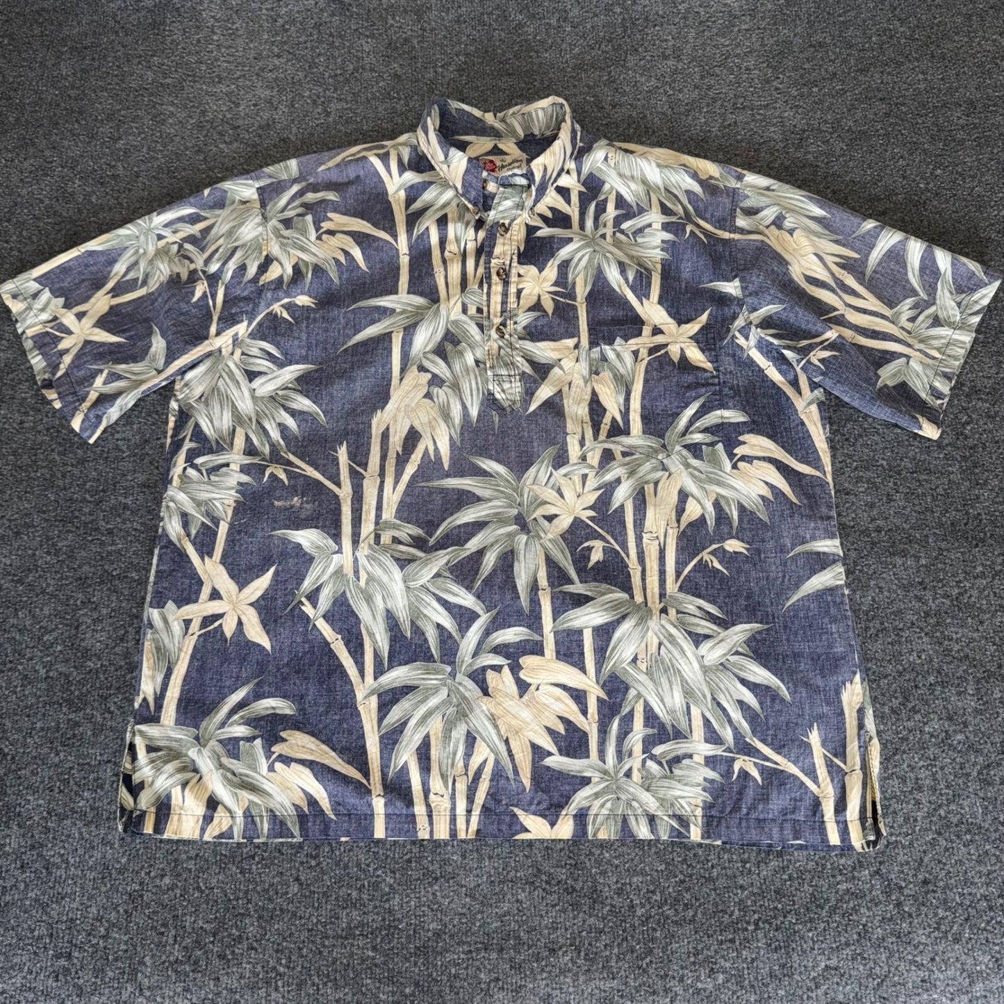 Hilo Hattie Hawaiian Popover Shirt Bamboo Reverse Print Aloha Shirt Blue Mens XL