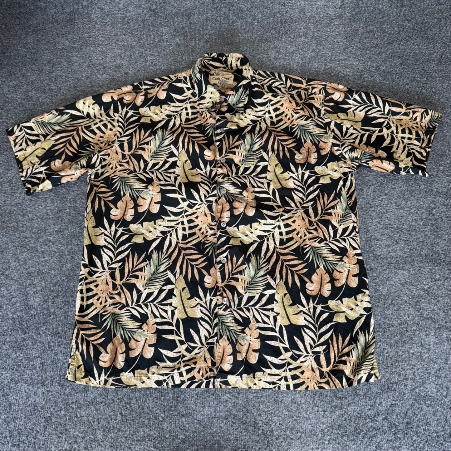 Cooke Street Hawaiian Shirt Mens Medium Leaf Floral Black Beige Short Sleeve