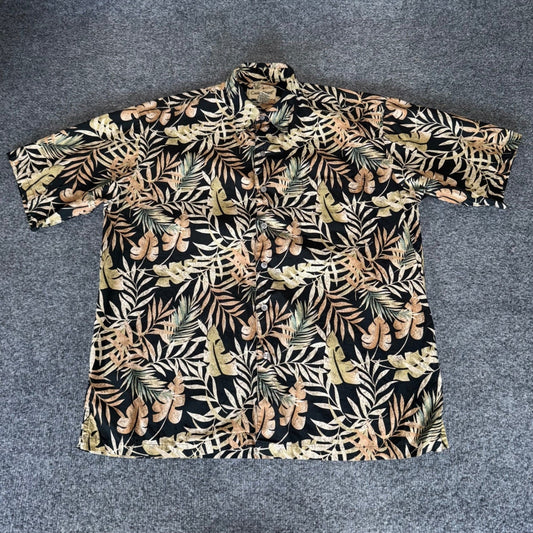 Cooke Street Hawaiian Shirt Mens Medium Leaf Floral Black Beige Short Sleeve