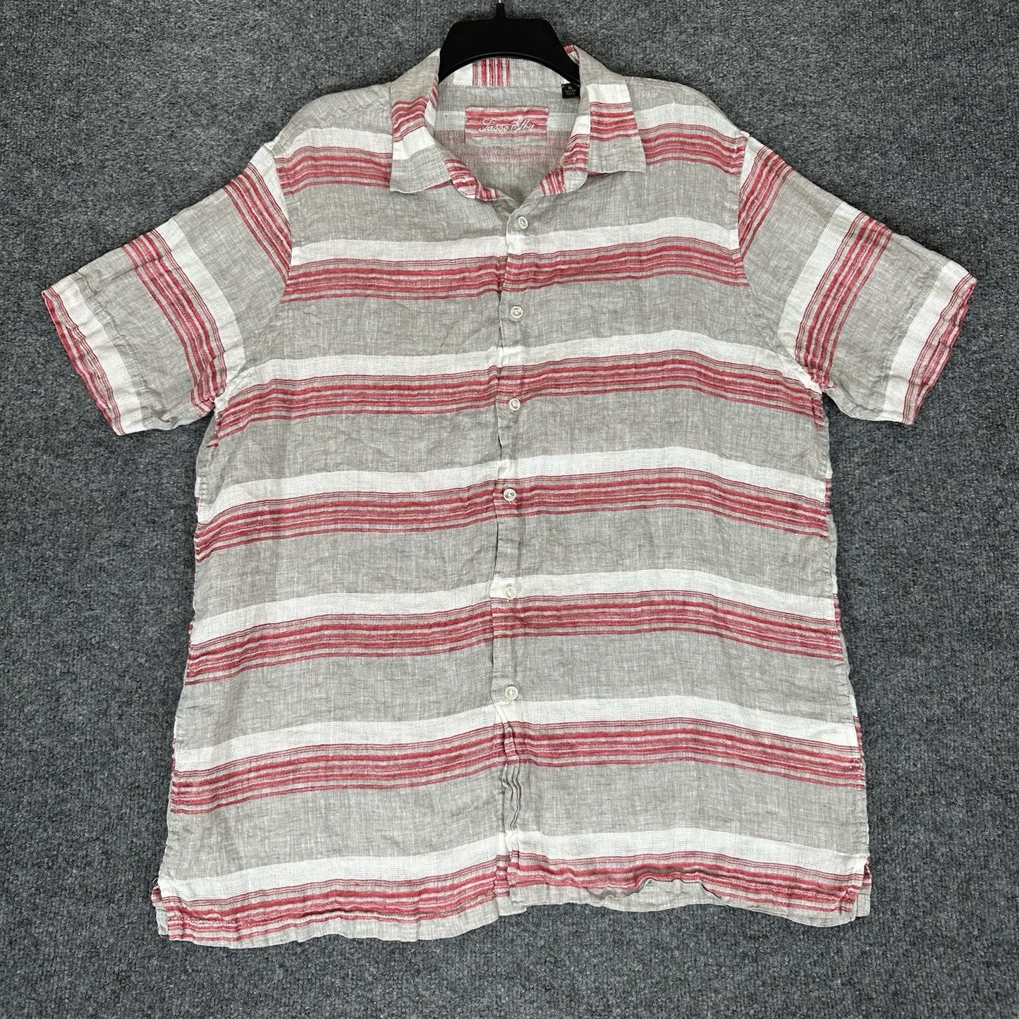 Tasso Elba Shirt Mens XL Grey Red 100% Linen Short Sleeve Button Up Casual Adult