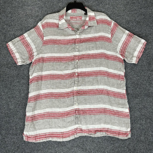 Tasso Elba Shirt Mens XL Grey Red 100% Linen Short Sleeve Button Up Casual Adult
