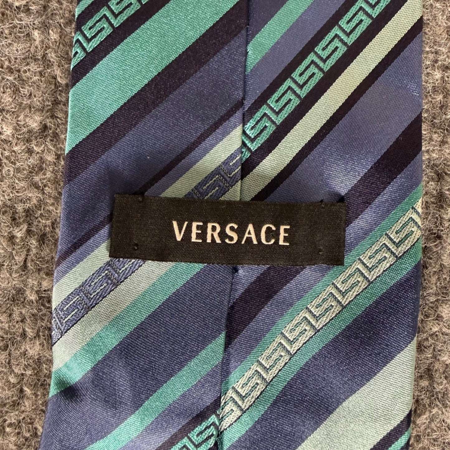Versace Silk Tie Men Blue Green Greek Key Stripe Made in Italy Luxury Designer