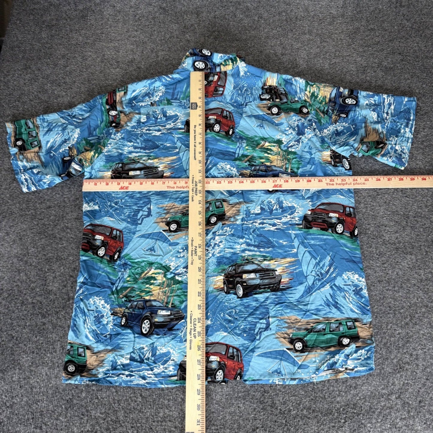 Reyn Spooner Land Rover Rayon Hawaiian Shirt Mens Large Blue Short Sleeve Beach