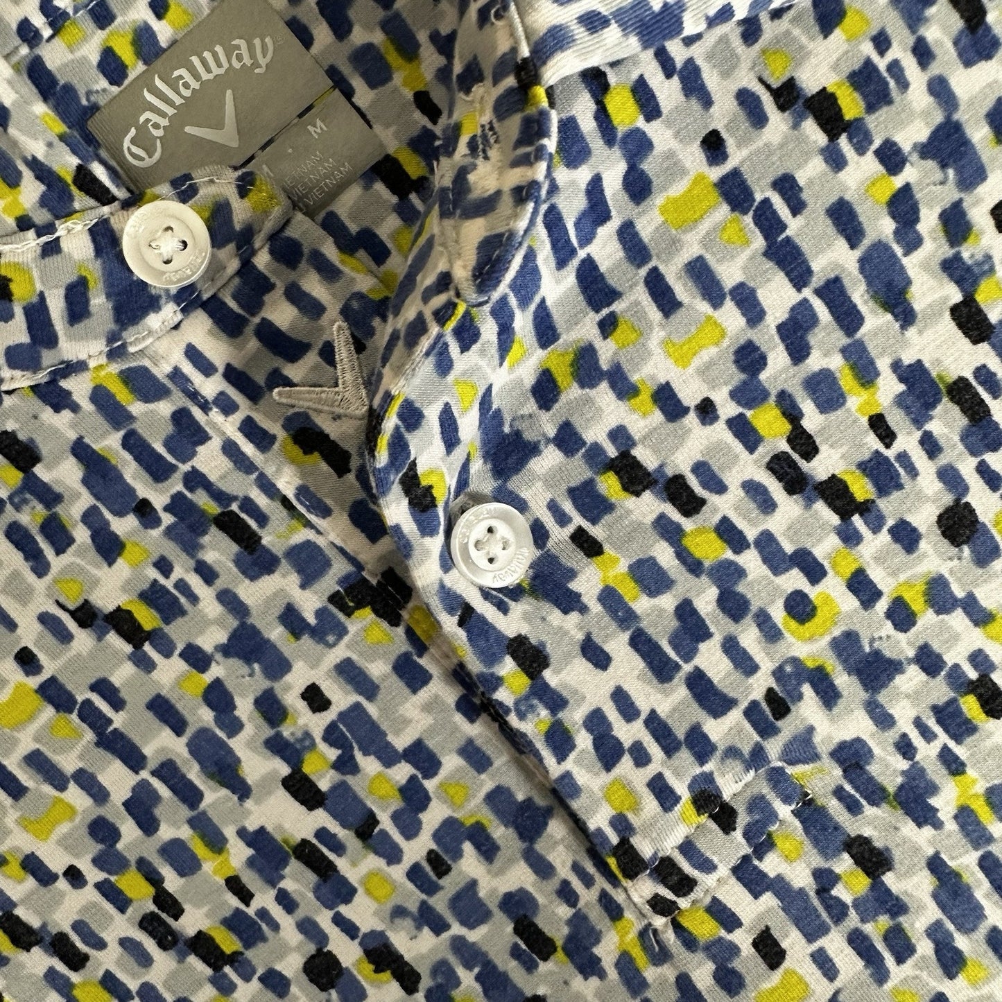 Callaway Polo Shirt Mens M Blue Yellow Geometric Golf Short Sleeve AOP Adult