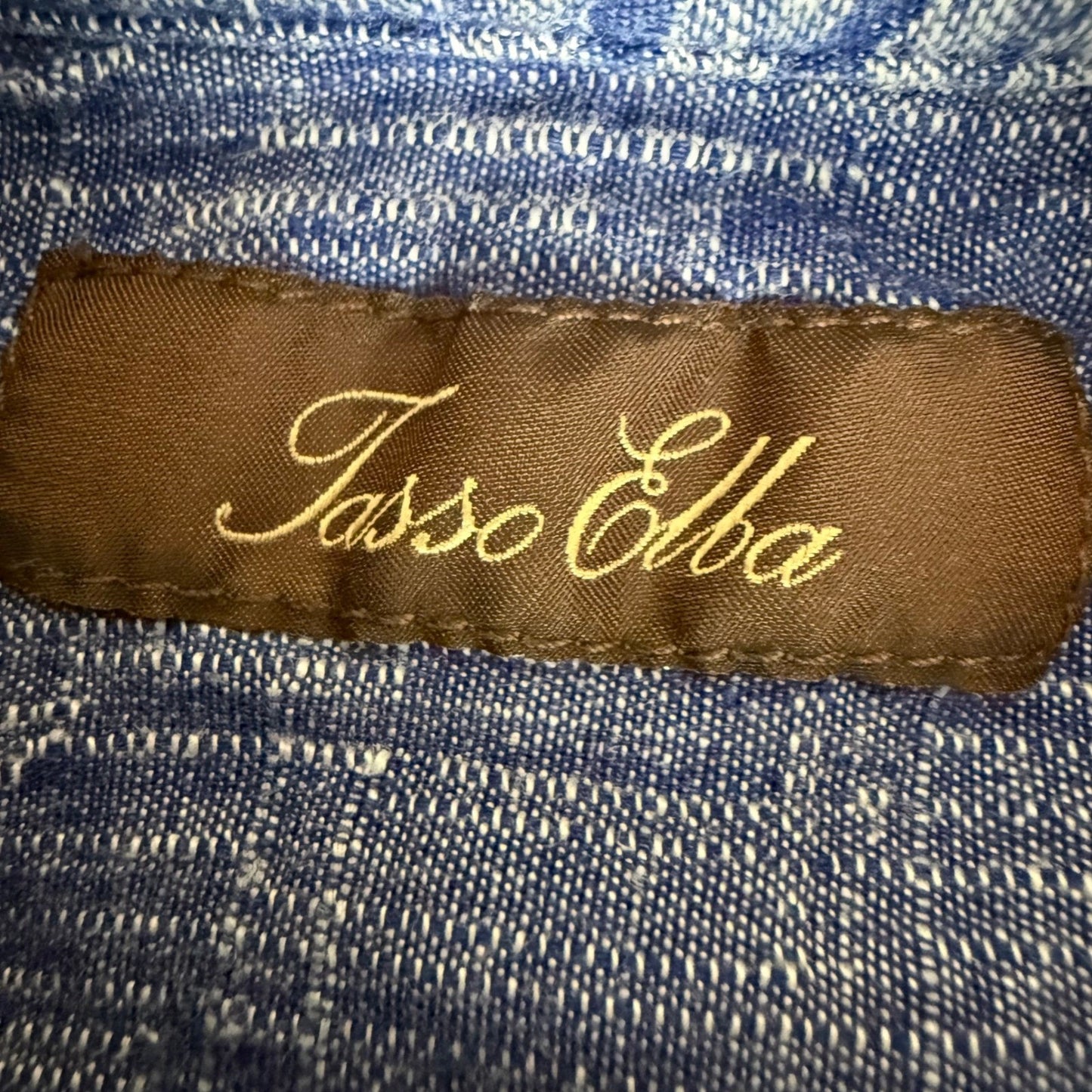 Tasso Elba Men Blue Silk Linen Palm Leaf Tropical Short Sleeve Button Up Shirt L