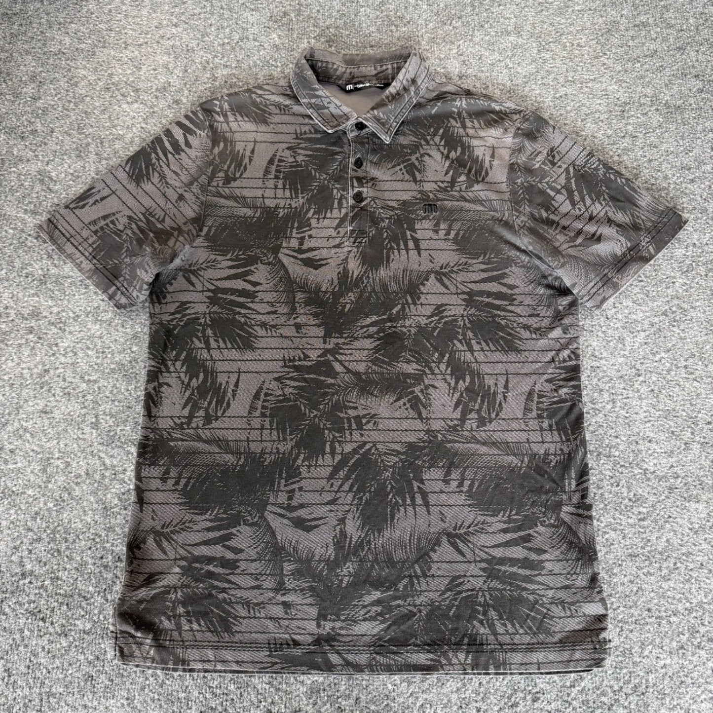 Travis Mathew Golf Polo Shirt Mens M Gray Palm Tree Striped Short Sleeve Casual
