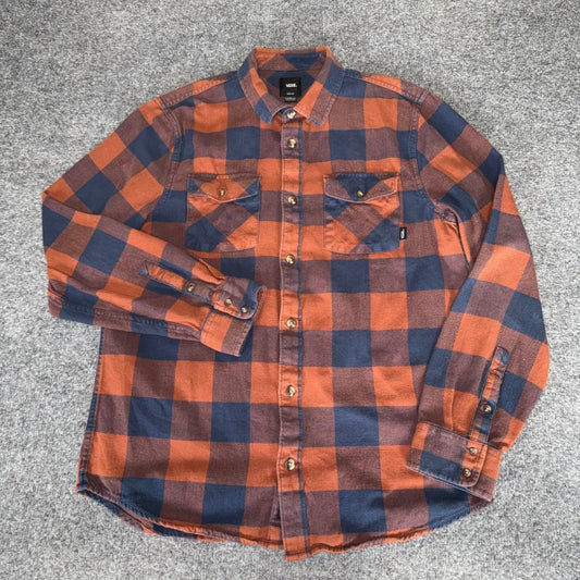 Vans Mens Medium Orange Blue Buffalo Plaid Flannel Shirt Classic Fit Long Sleeve