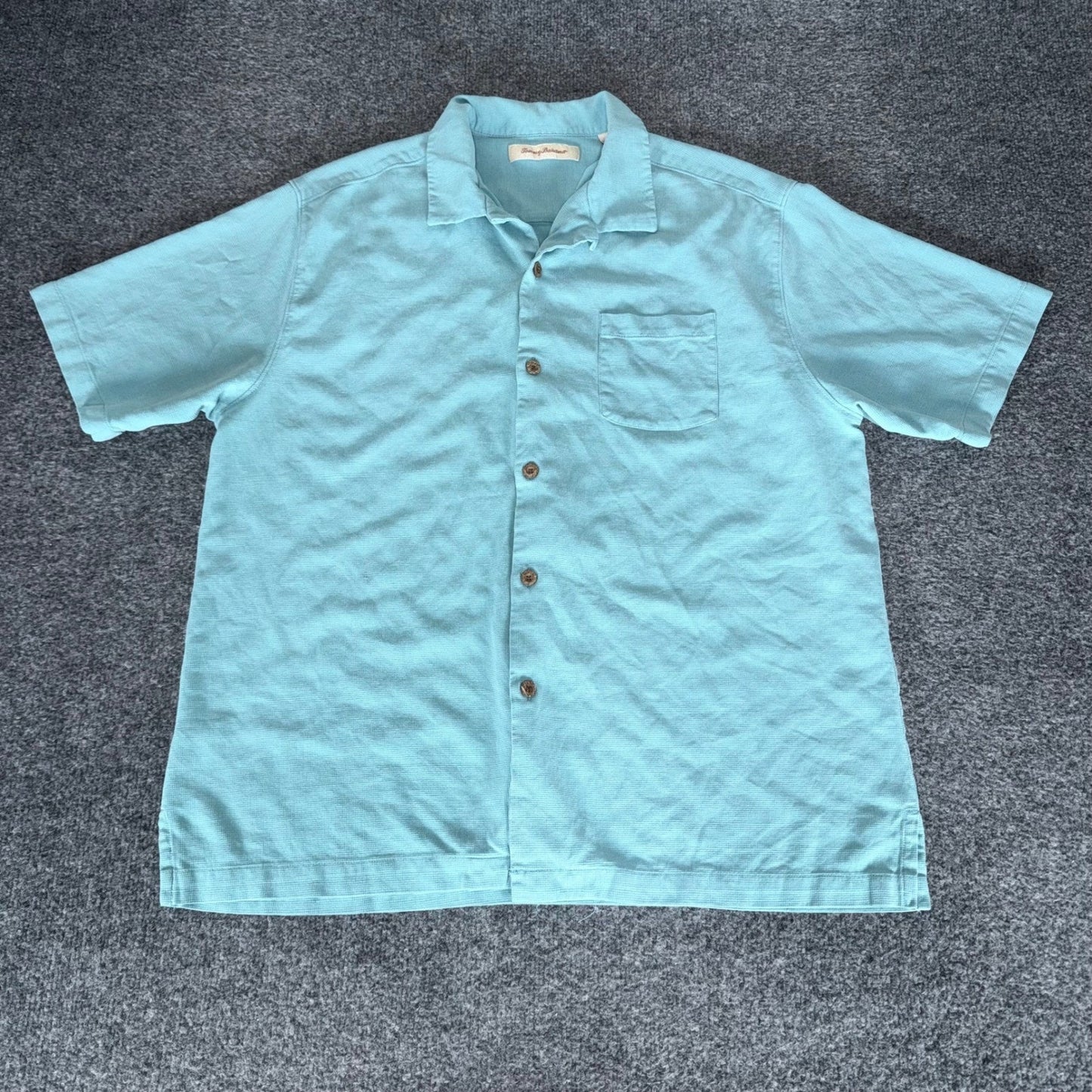 Tommy Bahama Men XL Silk Hawaiian Shirt Teal Aloha Short Sleeve Button Up Resort