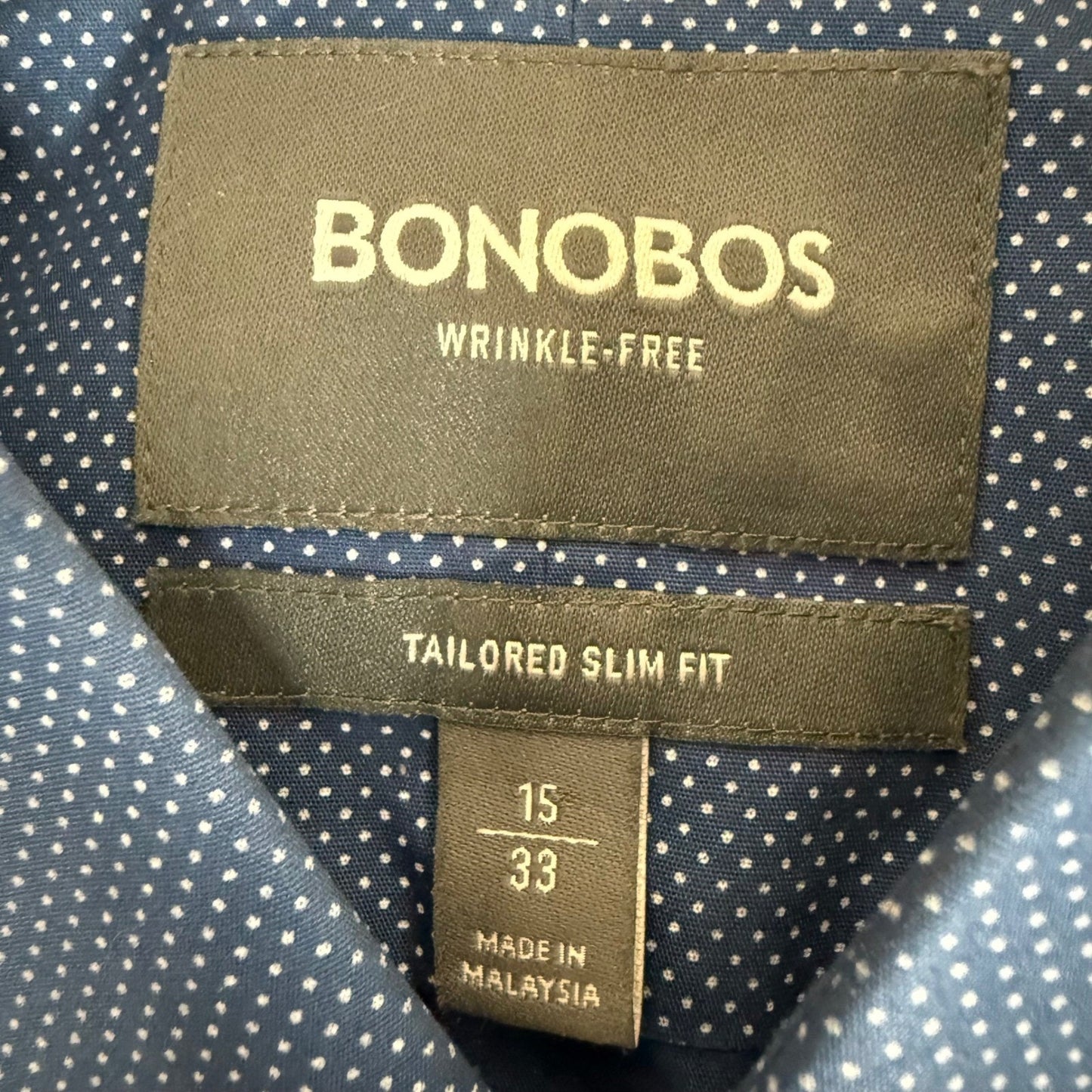 Bonobos Mens 15/33 Tailored Slim Fit Wrinkle Free Dress Shirt Blue Micro Dot