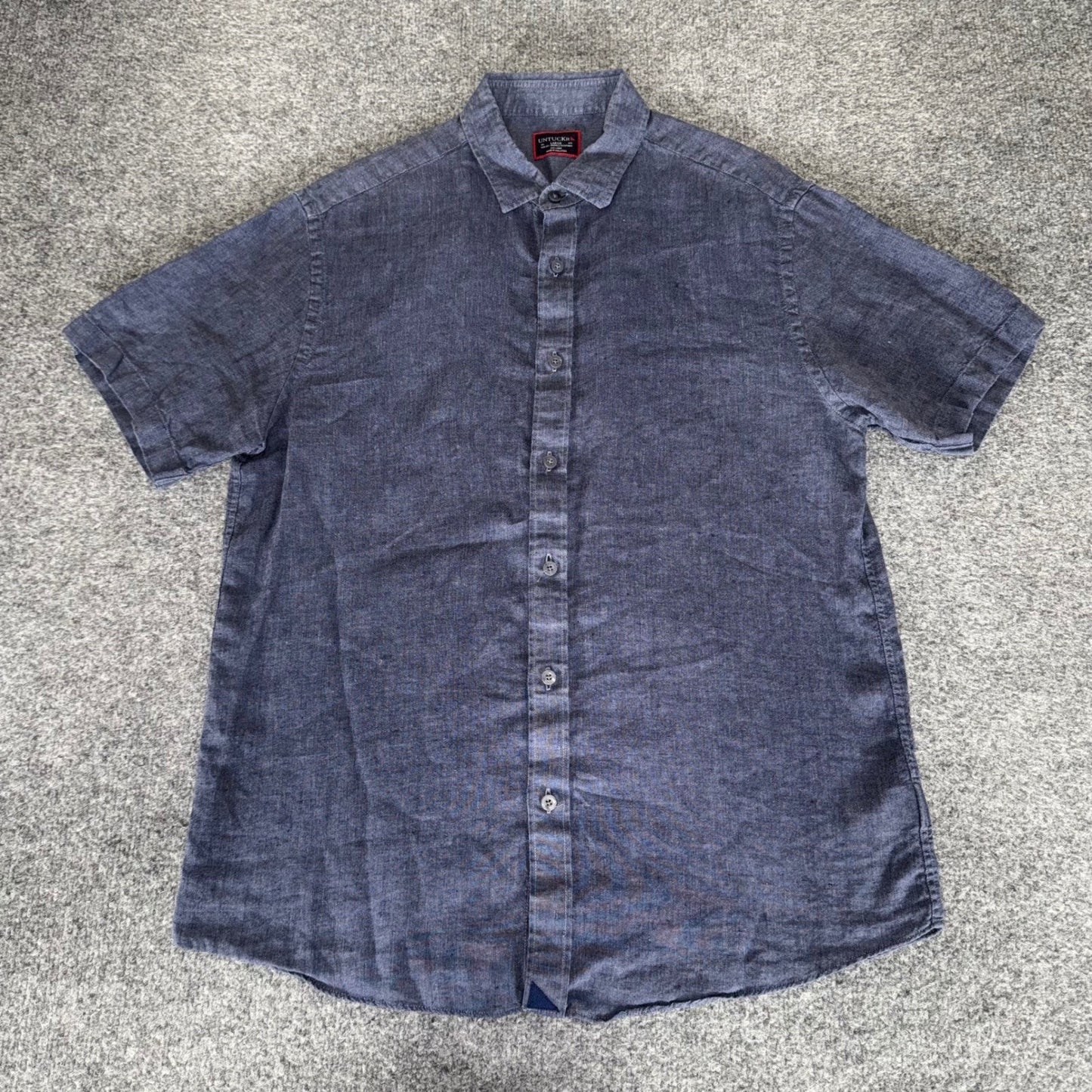 UNTUCKit Mens Large Slim Fit 100% Linen Short Sleeve Button Up Shirt Blue Casual