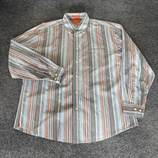 Faconnable Mens XL Button Down Shirt Blue Orange Striped Cotton Long Sleeve
