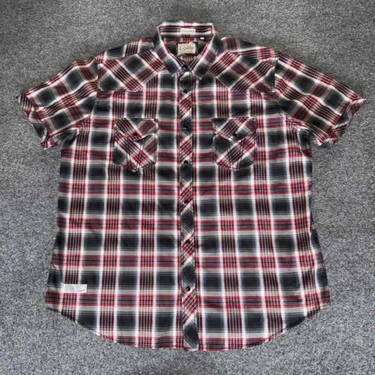 7 Diamonds Mens XXL Western Shirt Red Plaid Pearl Snap Cowboy VTG Short Sleeve