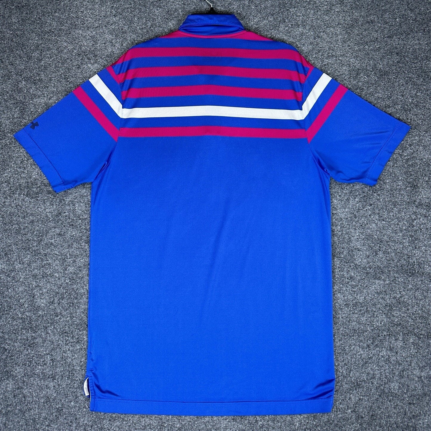 Under Armour Polo Shirt Mens Medium Blue Pink Striped Loose Golf Short Sleeve