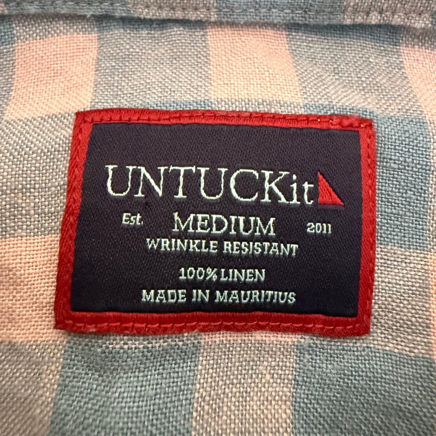 UNTUCKit Mens Medium Pink Blue Gingham 100% Linen Wrinkle Resistant Button Shirt