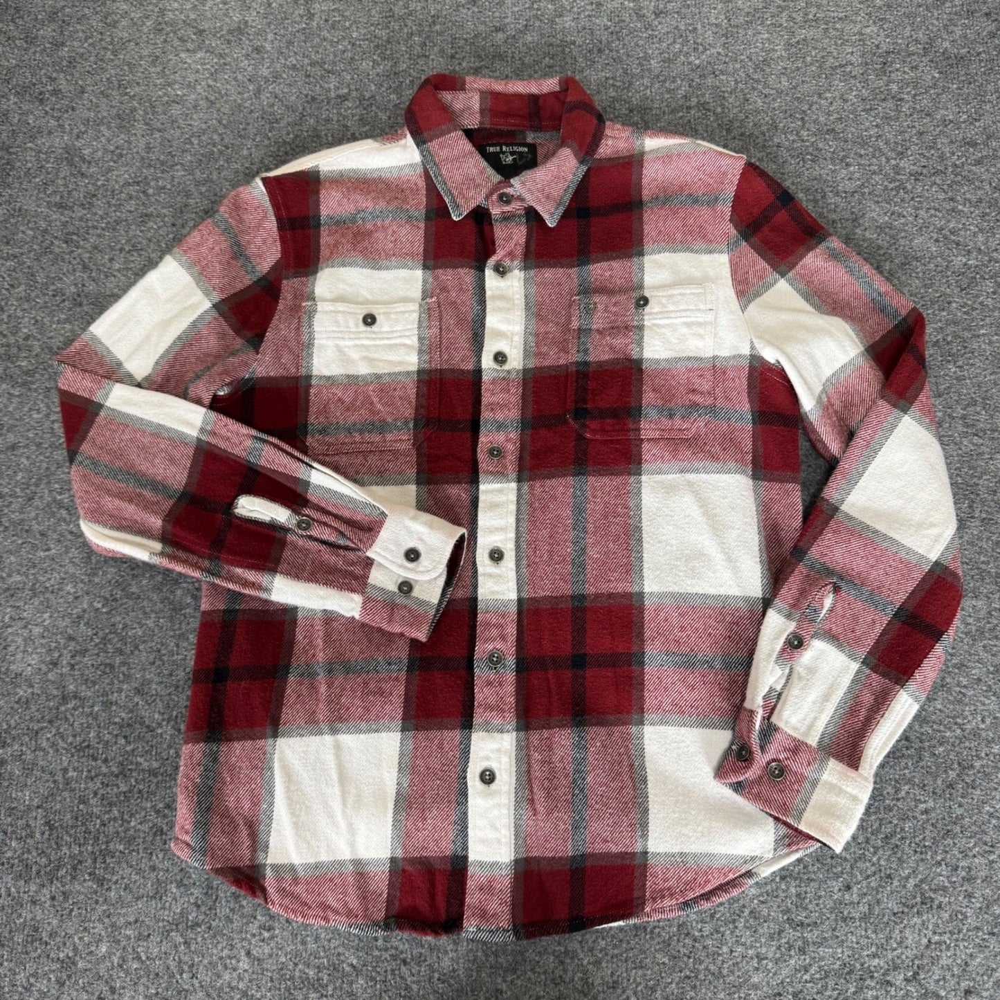 True Religion Mens Small Plaid Flannel Button Up Shirt Red Long Sleeve Western