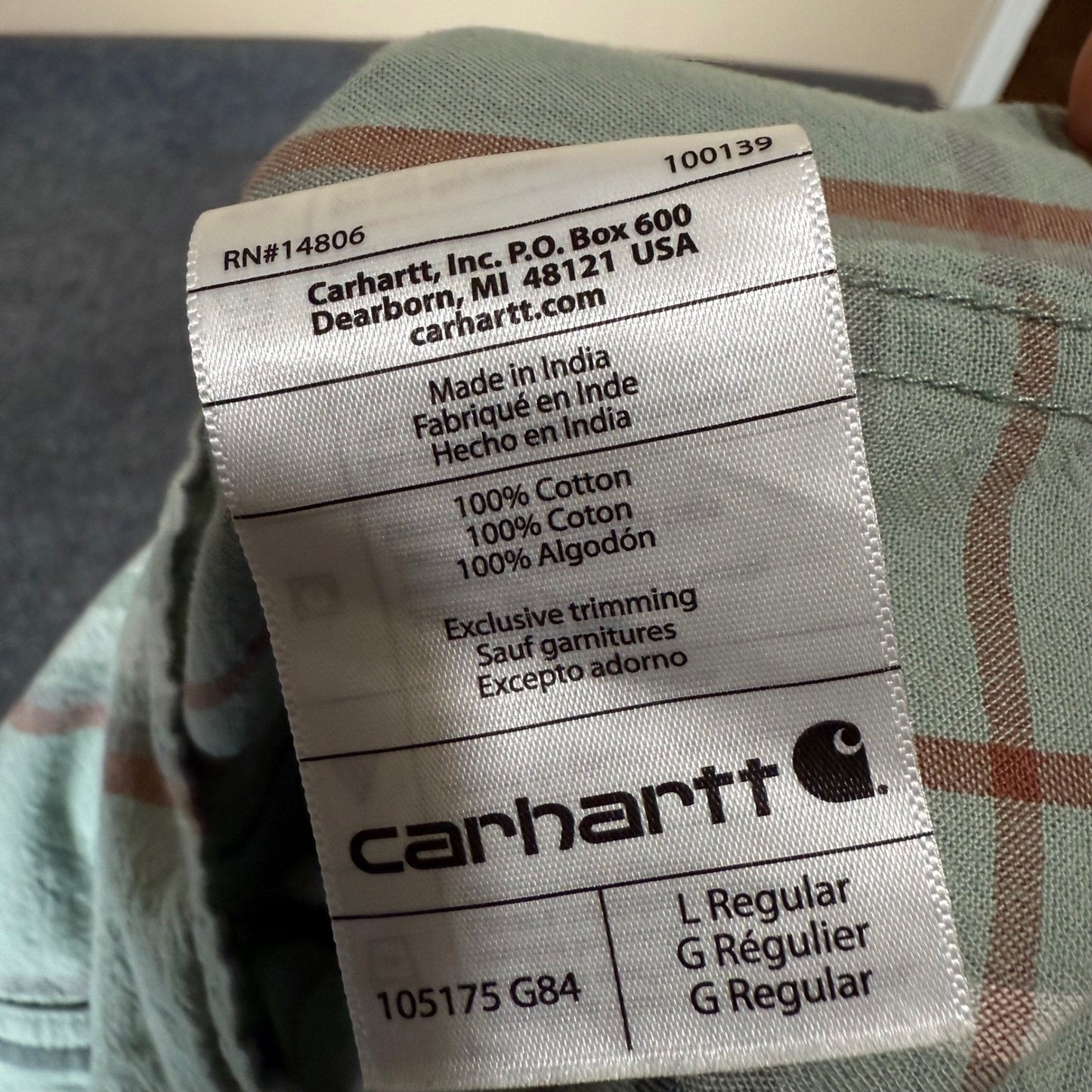Carhartt Shirt Mens Large Green Plaid Button Down Short Sleeve Casual Workwear