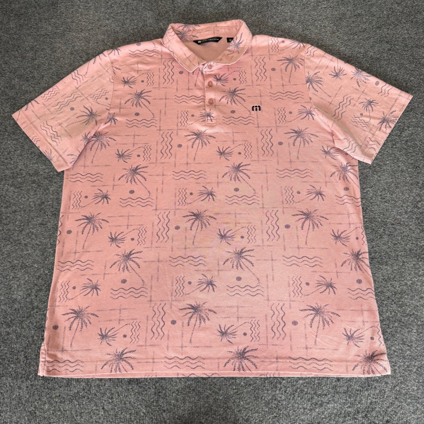Travis Mathew Polo Shirt Men XXL Pink Palm Tree Golf Short Sleeve Stretch Casual