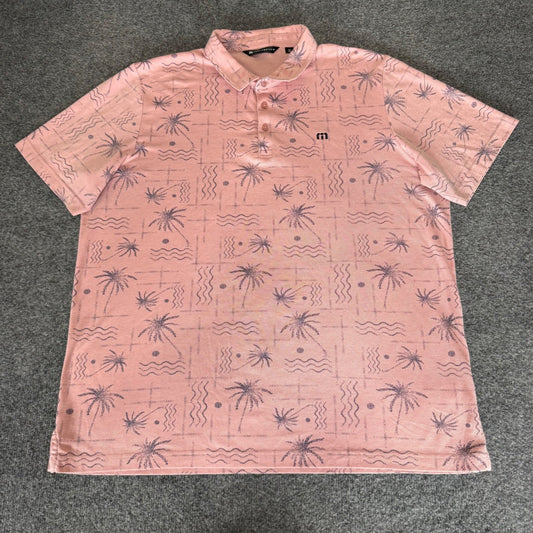 Travis Mathew Polo Shirt Men XXL Pink Palm Tree Golf Short Sleeve Stretch Casual