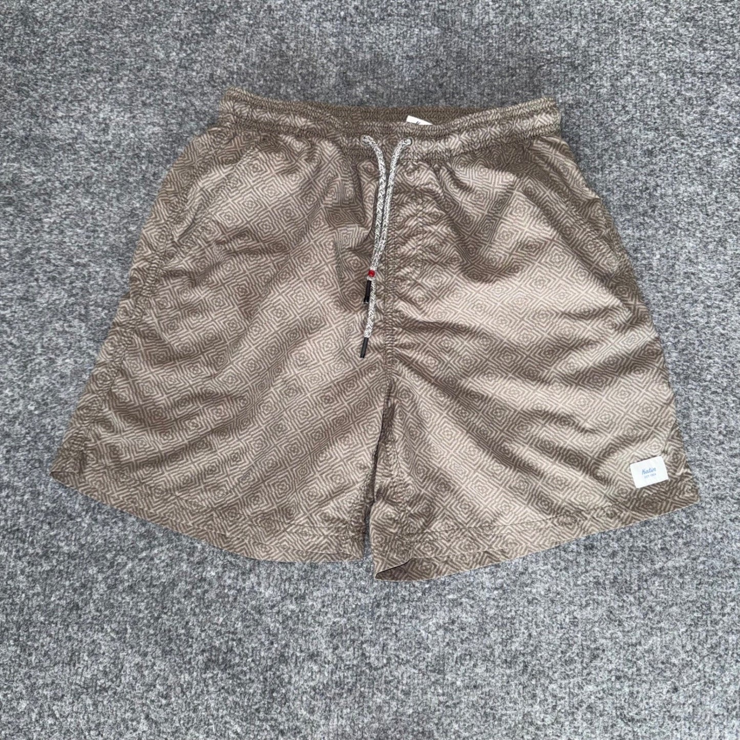 Katin Mens Geometric Diamond Print Swim Trunks Tan Brown Board Shorts Small