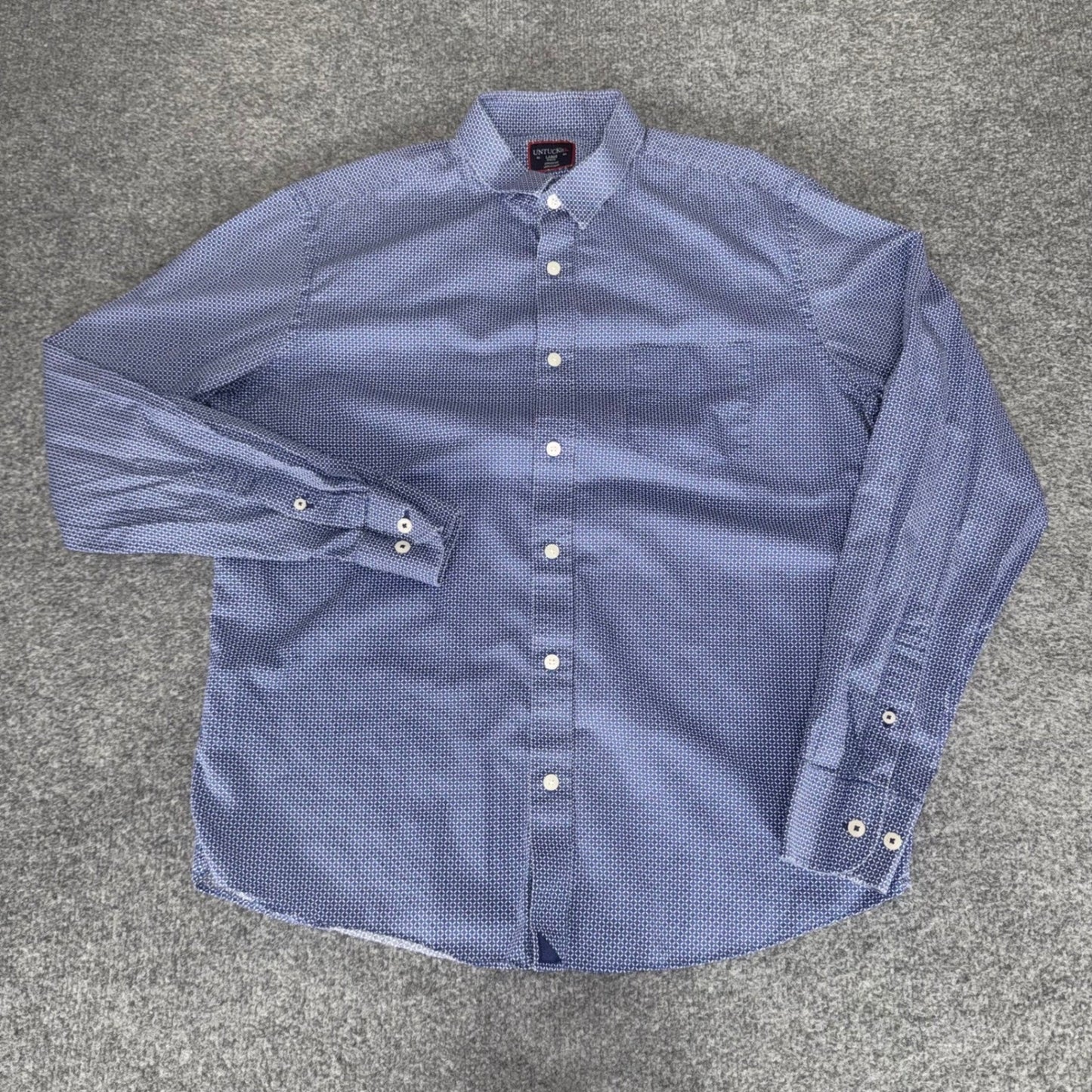 UNTUCKit Mens Large Slim Fit Blue White Geometric Print Cotton Button Down Shirt
