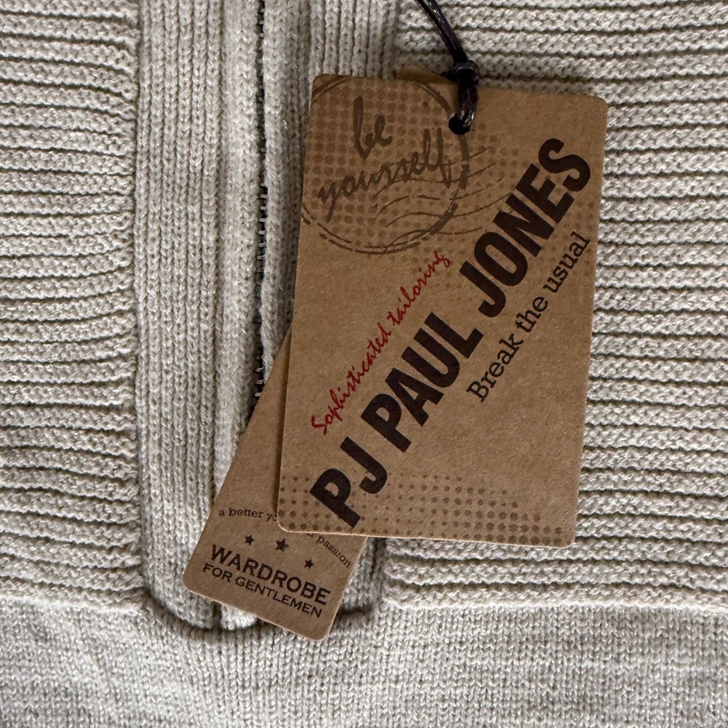 PJ Paul Jones Mens Quarter Zip Sweater Beige Ribbed Mock Neck Pullover Large NEW