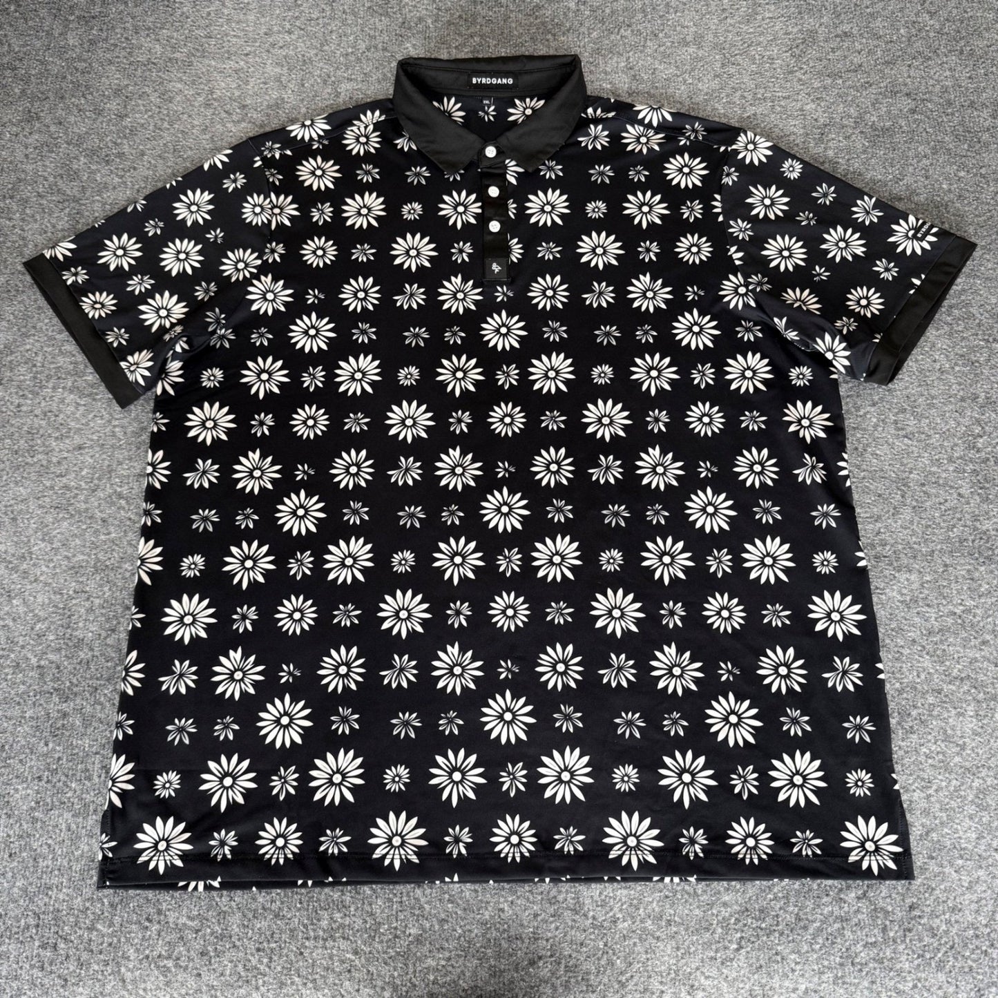 Byrdgang Mens Floral Daisy Polo Shirt 2XL Black White Short Sleeve Stretch Top
