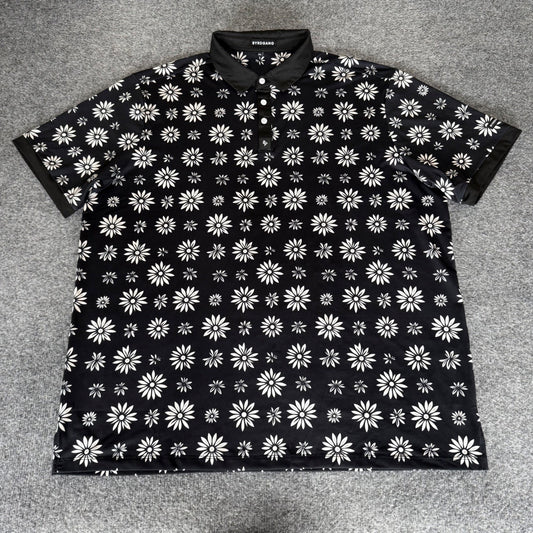 Byrdgang Mens Floral Daisy Polo Shirt 2XL Black White Short Sleeve Stretch Top