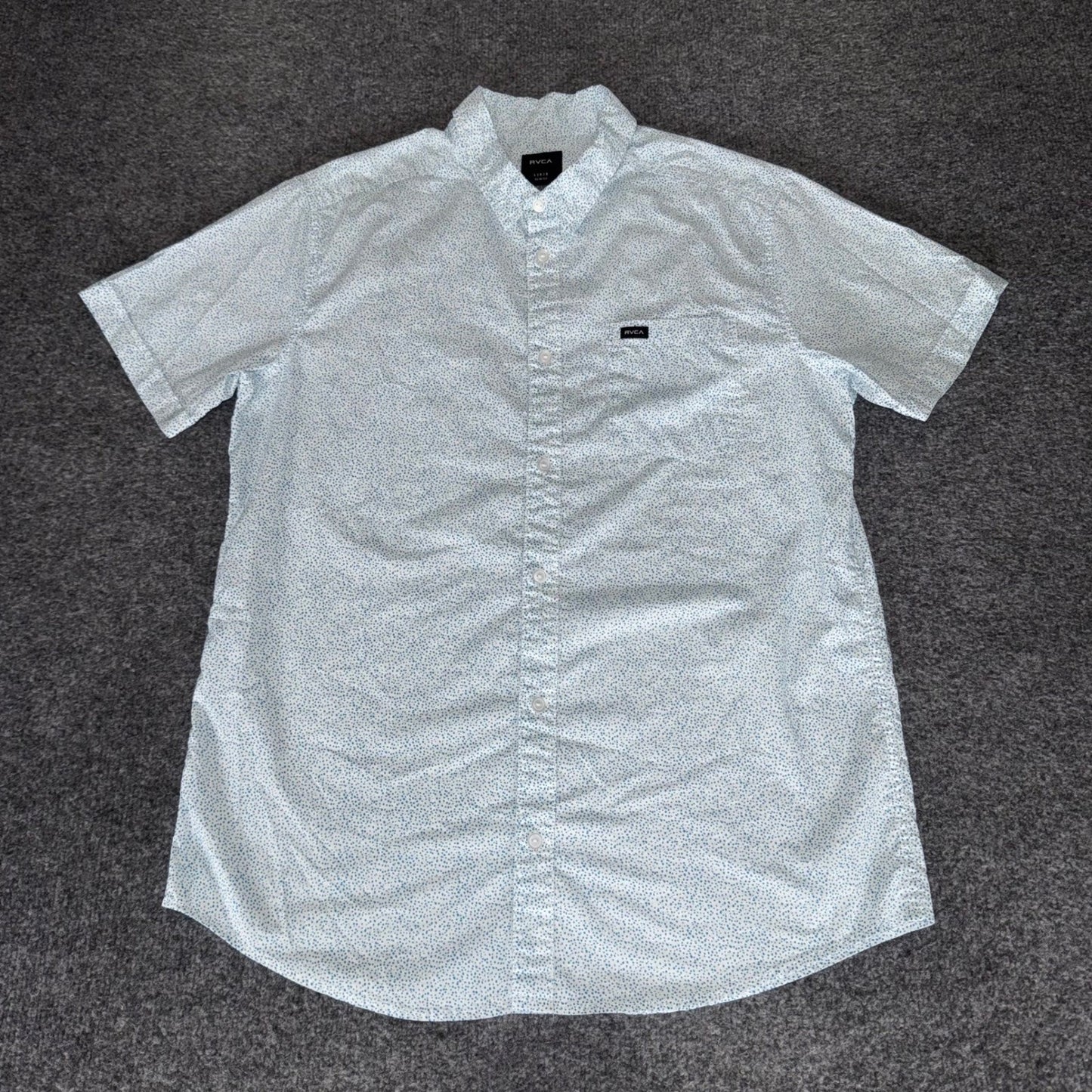 RVCA Mens Large Slim Fit Short Sleeve Button Up Shirt Blue Micro Dot Casual