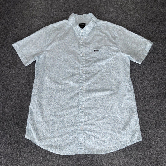 RVCA Mens Large Slim Fit Short Sleeve Button Up Shirt Blue Micro Dot Casual
