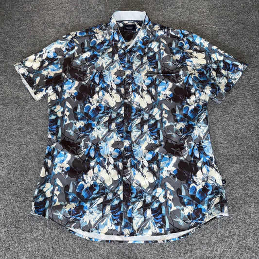 7 Diamonds 4 Way Stretch Shirt Mens Large Blue Floral Short Sleeve Button Up
