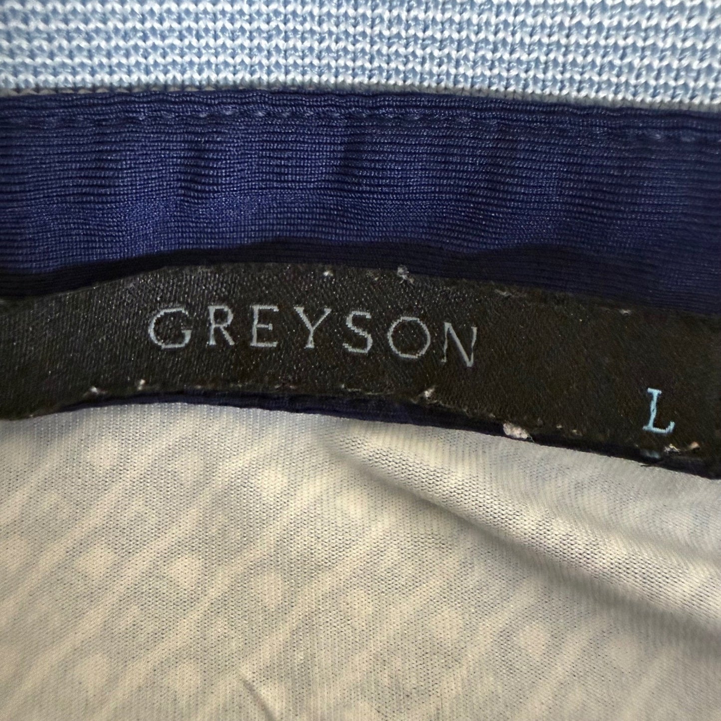 Greyson Mens Large Blue White Geometric Chain Link Print Golf Polo Shirt Stretch
