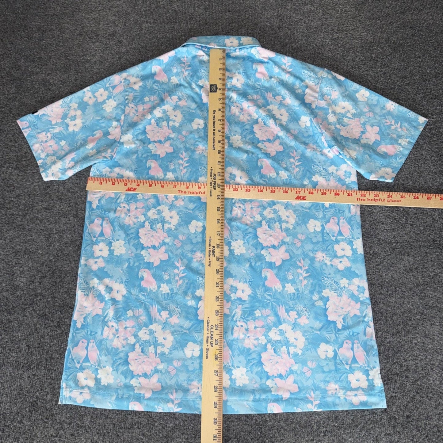 Bad Birdie Golf Polo Shirt Men Large Blue Pink Floral Parrot Short Sleeve Casual