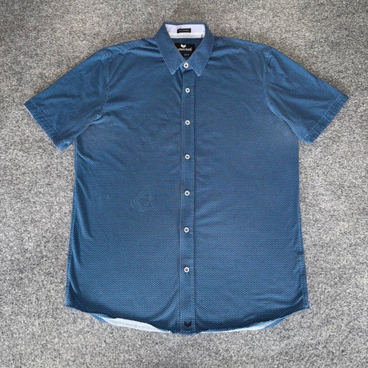 Buttercloth Shirt Men L Blue Geometric Icy Cotton Button Up Short Sleeve Stretch