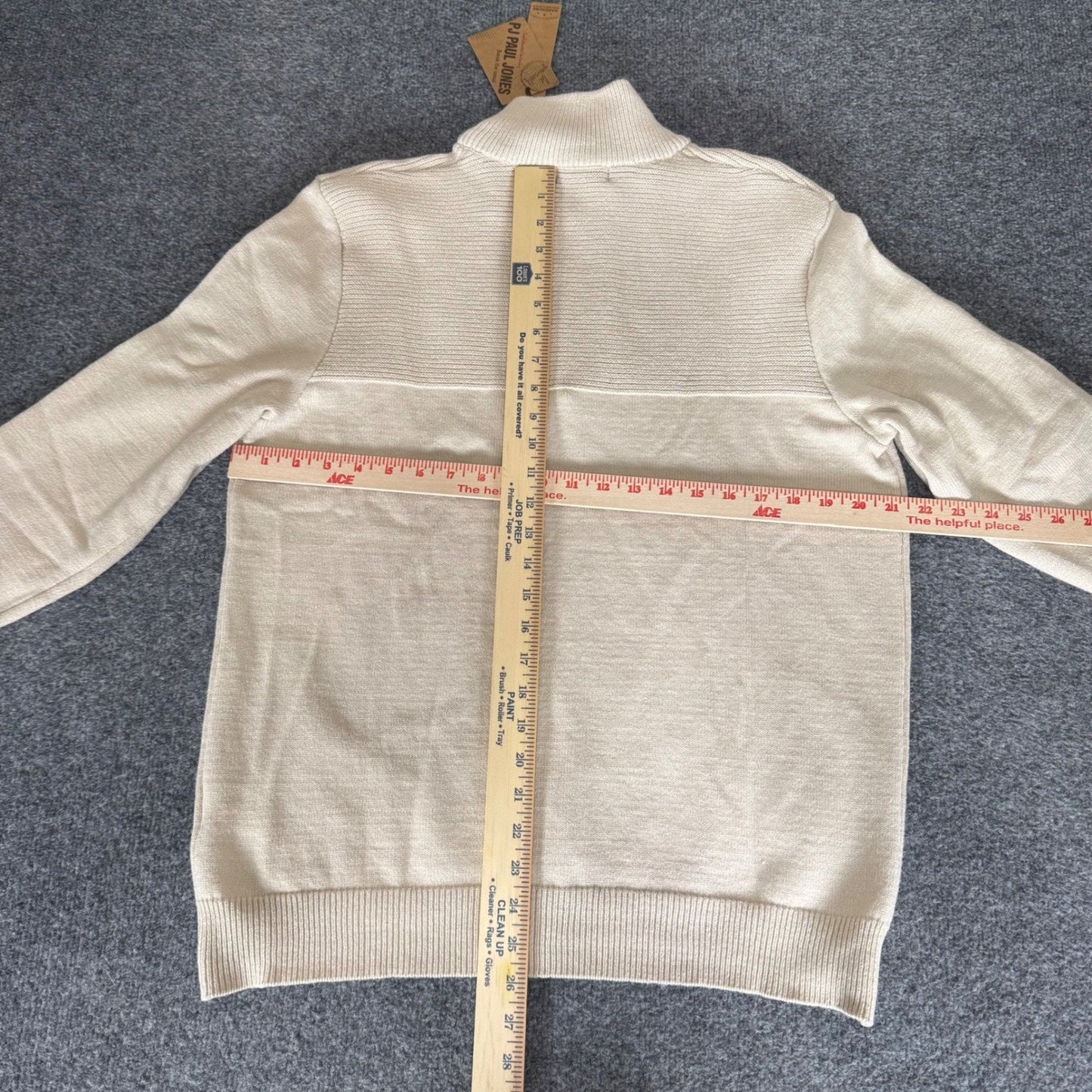 PJ Paul Jones Mens Quarter Zip Sweater Beige Ribbed Mock Neck Pullover Large NEW